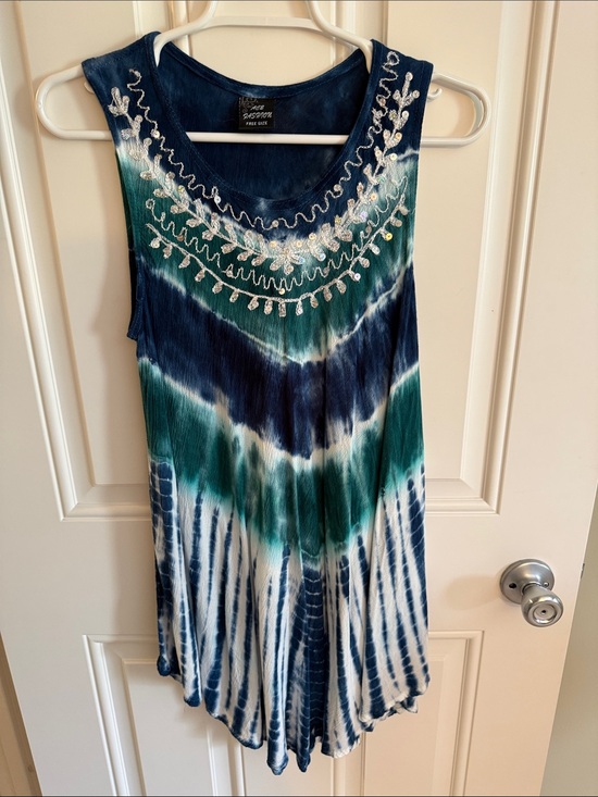 Ace Fashion Tops - Tie-Dye Embellished Tank Top - Blue/Green